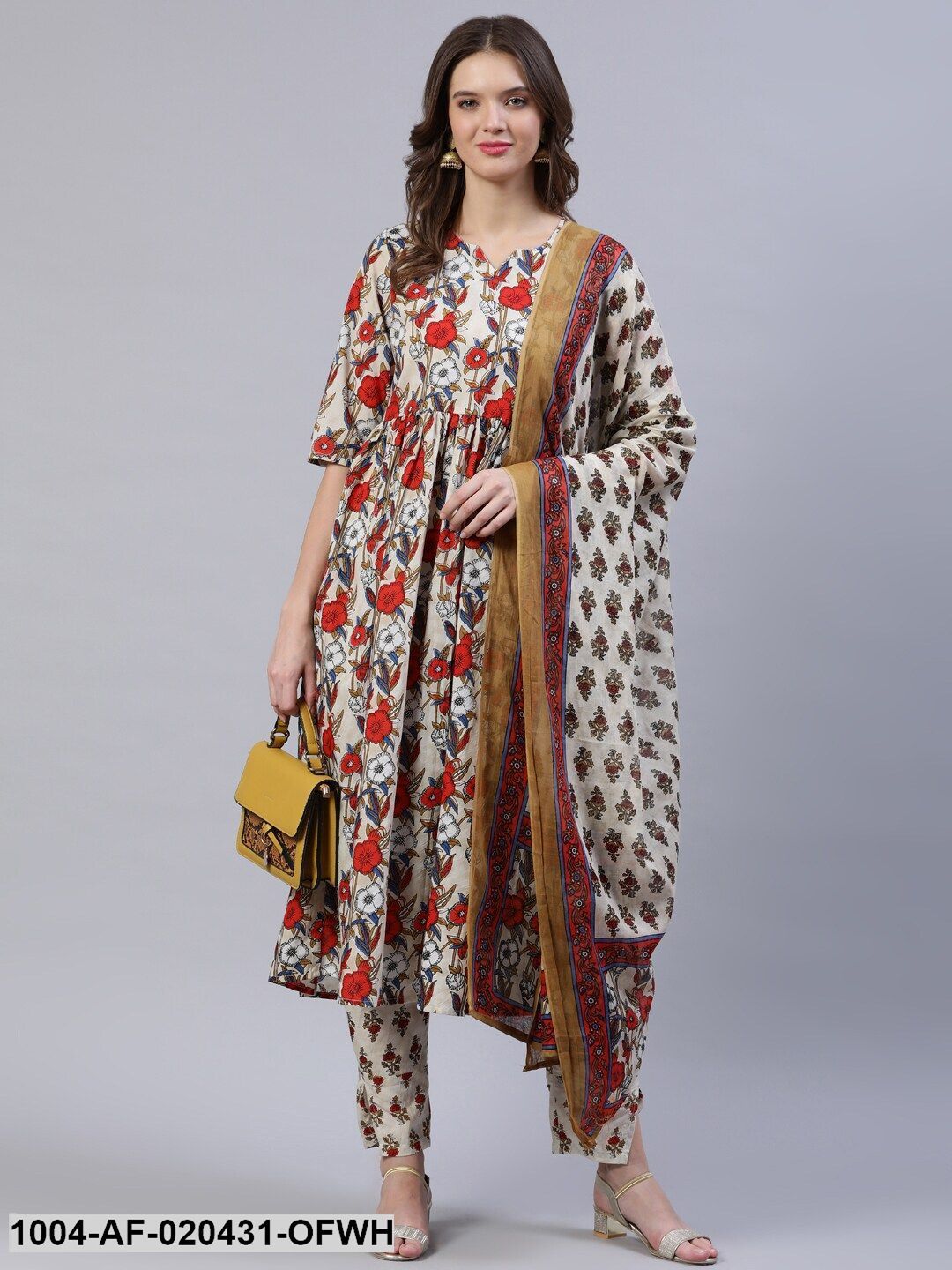 Off White & Red Floral Screen Print A-Line Pure Cotton Kurta Set With Dupatta