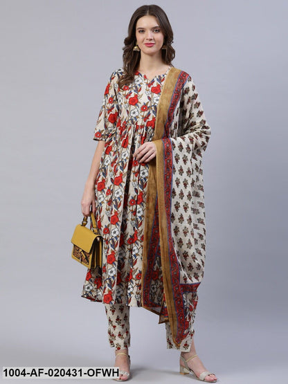 Off White & Red Floral Screen Print A-Line Pure Cotton Kurta Set With Dupatta
