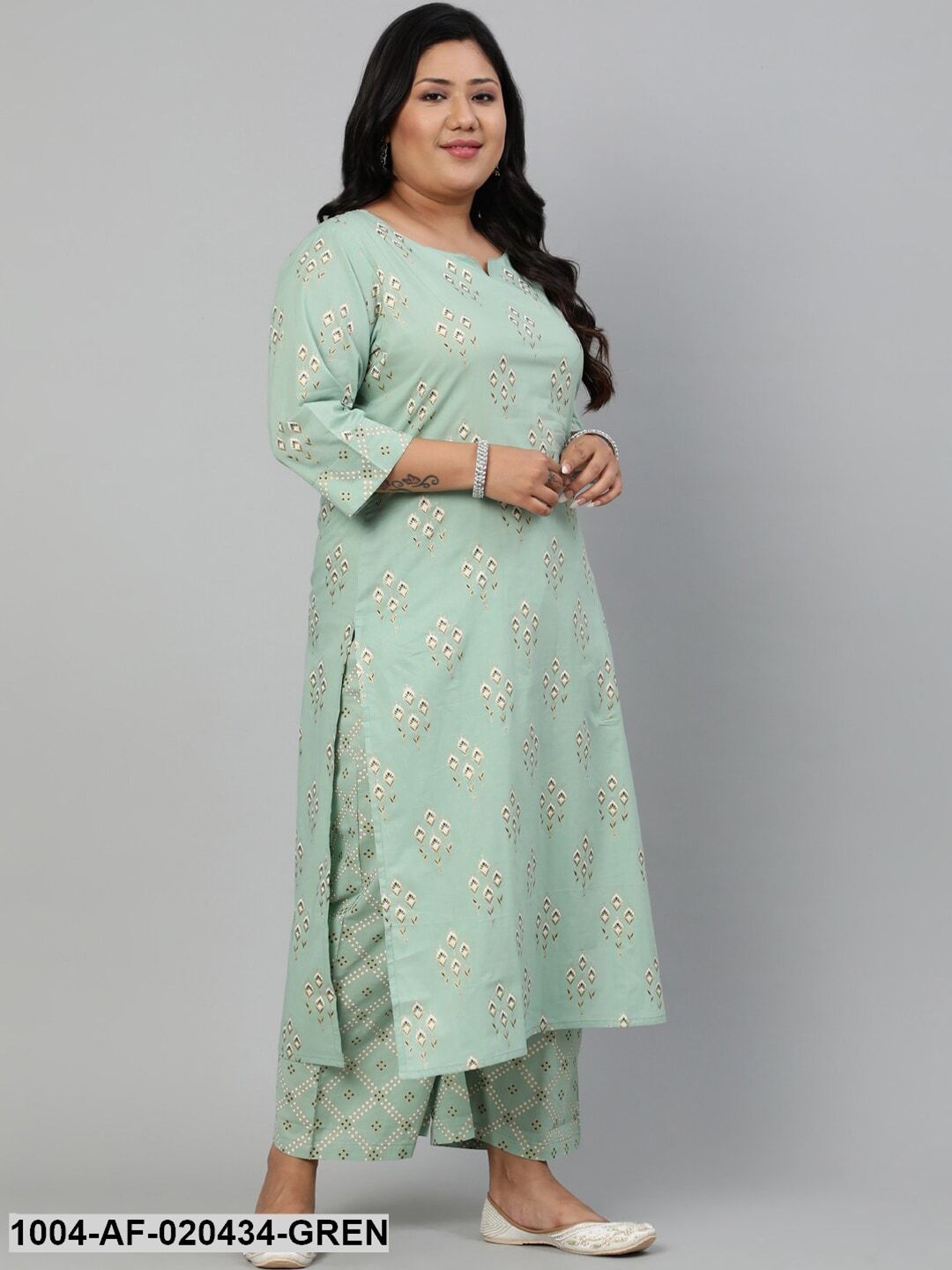 Plus Size Green Ethnic Motifs Printed Pure Cotton Kurta with Palazzos & Dupatta