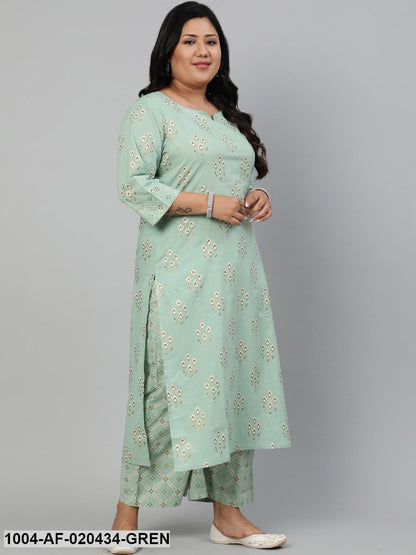 Plus Size Green Ethnic Motifs Printed Pure Cotton Kurta with Palazzos & Dupatta