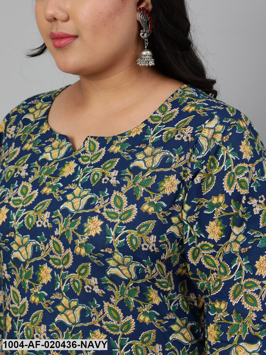 Plus Size Navy Blue Ethnic Motifs Pure Cotton Kurta with Palazzos & Dupatta