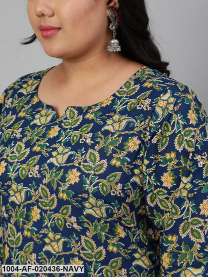Plus Size Navy Blue Ethnic Motifs Pure Cotton Kurta with Palazzos & Dupatta