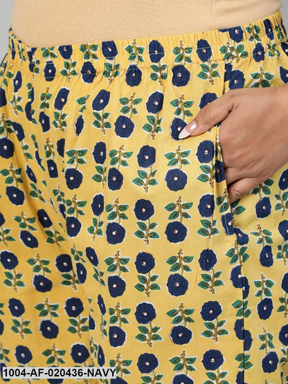 Plus Size Navy Blue Ethnic Motifs Pure Cotton Kurta with Palazzos & Dupatta