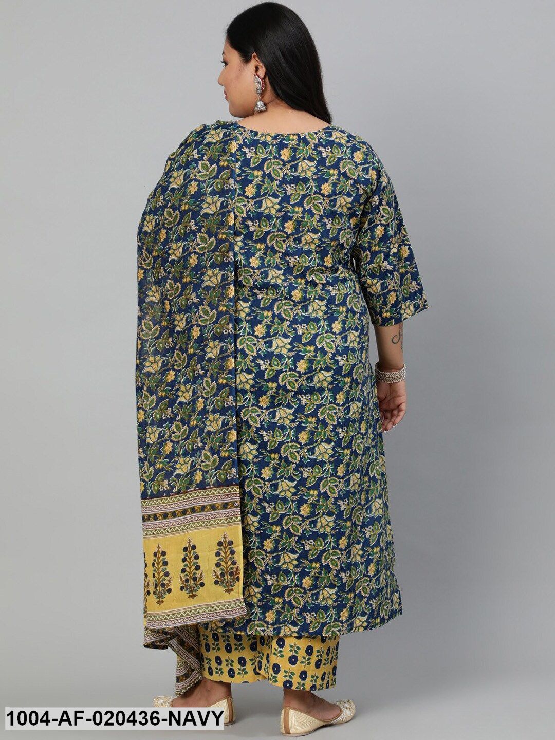 Plus Size Navy Blue Ethnic Motifs Pure Cotton Kurta with Palazzos & Dupatta