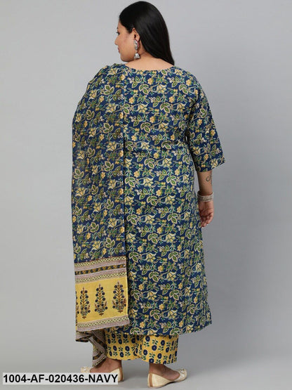 Plus Size Navy Blue Ethnic Motifs Pure Cotton Kurta with Palazzos & Dupatta