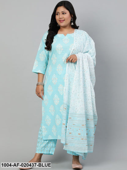 Plus Size Blue Ethnic Motifs Printed Pure Cotton Kurta with Trousers & Dupatta