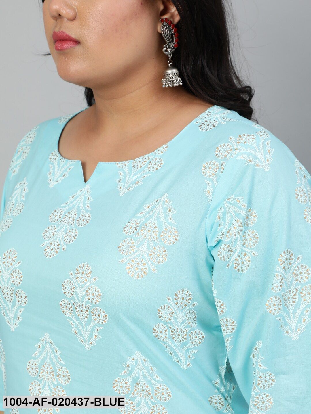 Plus Size Blue Ethnic Motifs Printed Pure Cotton Kurta with Trousers & Dupatta