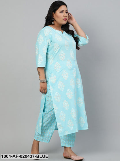 Plus Size Blue Ethnic Motifs Printed Pure Cotton Kurta with Trousers & Dupatta