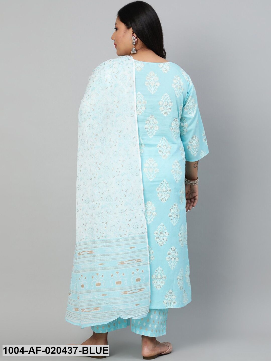 Plus Size Blue Ethnic Motifs Printed Pure Cotton Kurta with Trousers & Dupatta