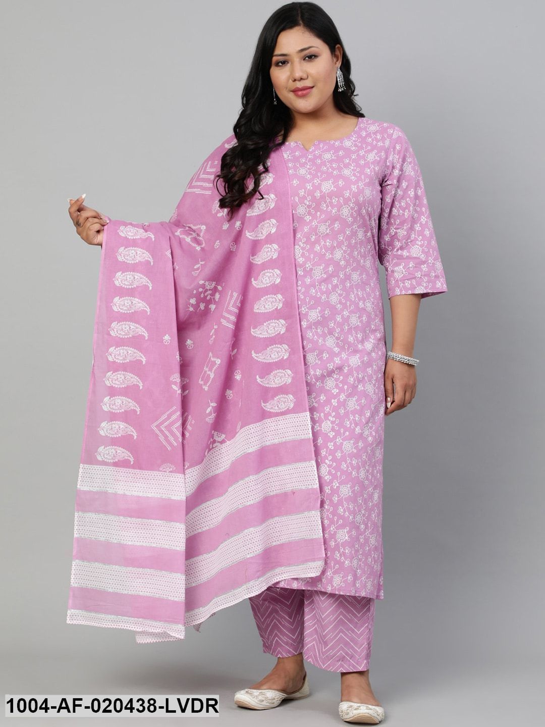 Plus Size Lavender Floral Printed Pure Cotton Kurta with Trousers & Dupatta