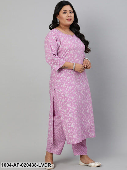 Plus Size Lavender Floral Printed Pure Cotton Kurta with Trousers & Dupatta