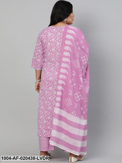 Plus Size Lavender Floral Printed Pure Cotton Kurta with Trousers & Dupatta