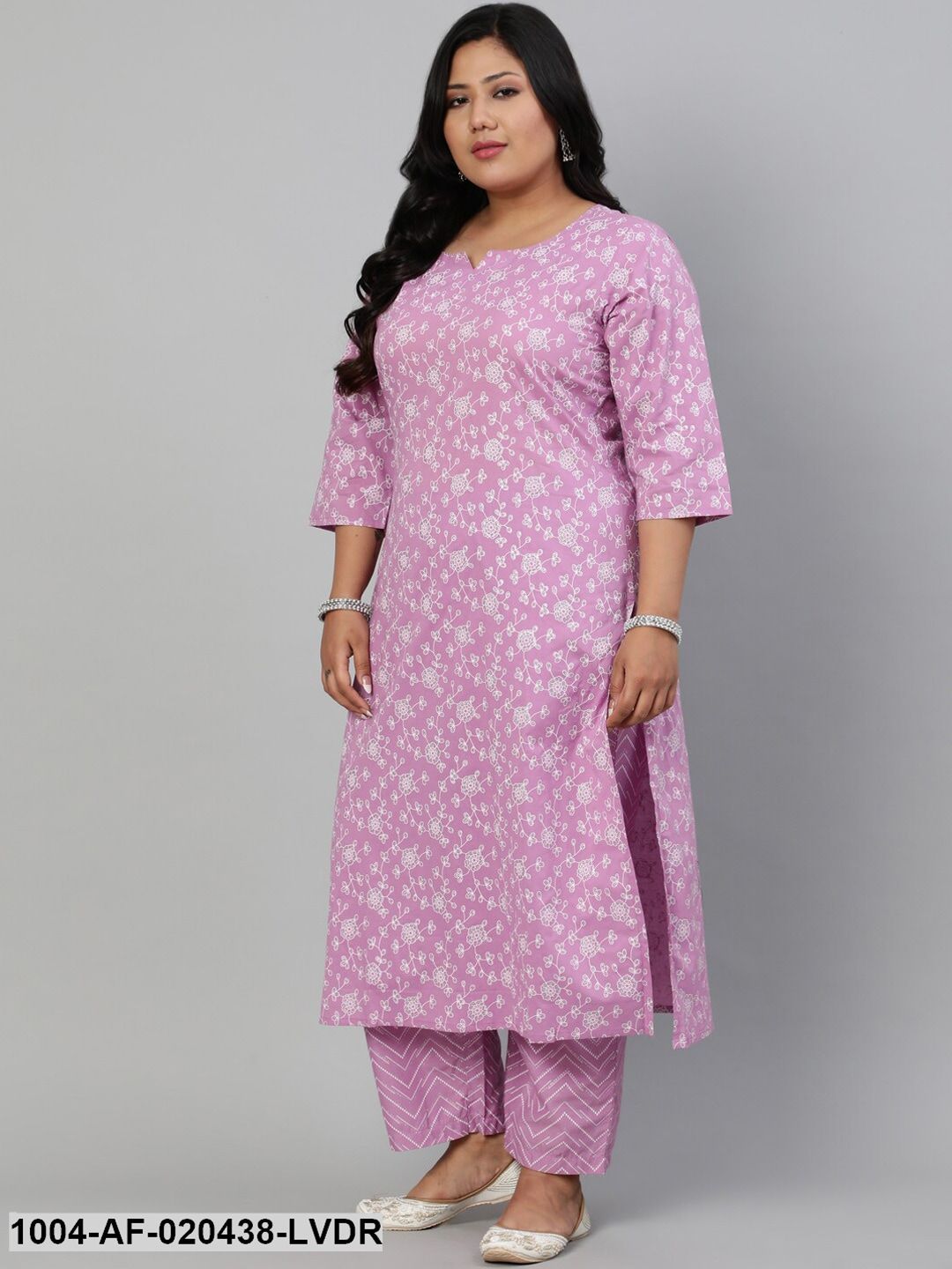 Plus Size Lavender Floral Printed Pure Cotton Kurta with Trousers & Dupatta
