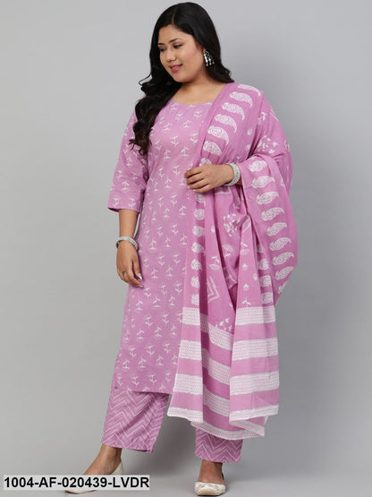 Plus Size Lavender Floral Pure Cotton Kurta with Trousers & Dupatta