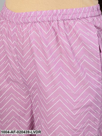 Plus Size Lavender Floral Pure Cotton Kurta with Trousers & Dupatta