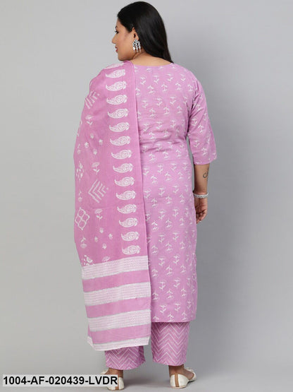 Plus Size Lavender Floral Pure Cotton Kurta with Trousers & Dupatta