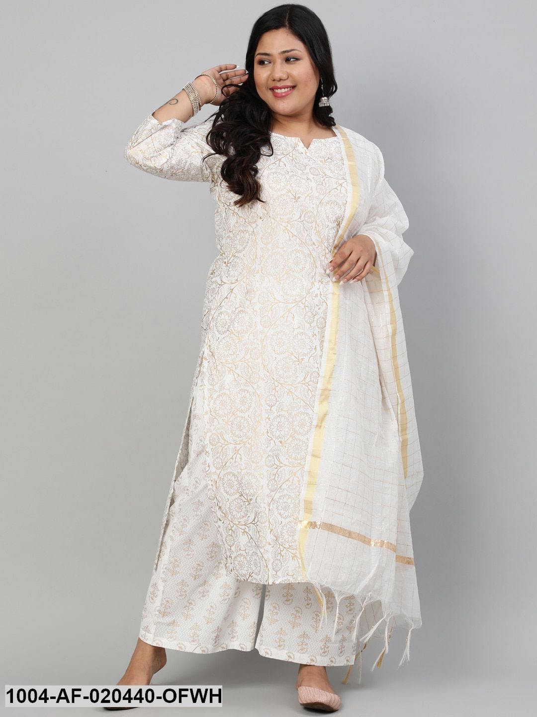 Plus Size Off White Floral Printed Pure Cotton Kurta with Palazzos & Dupatta