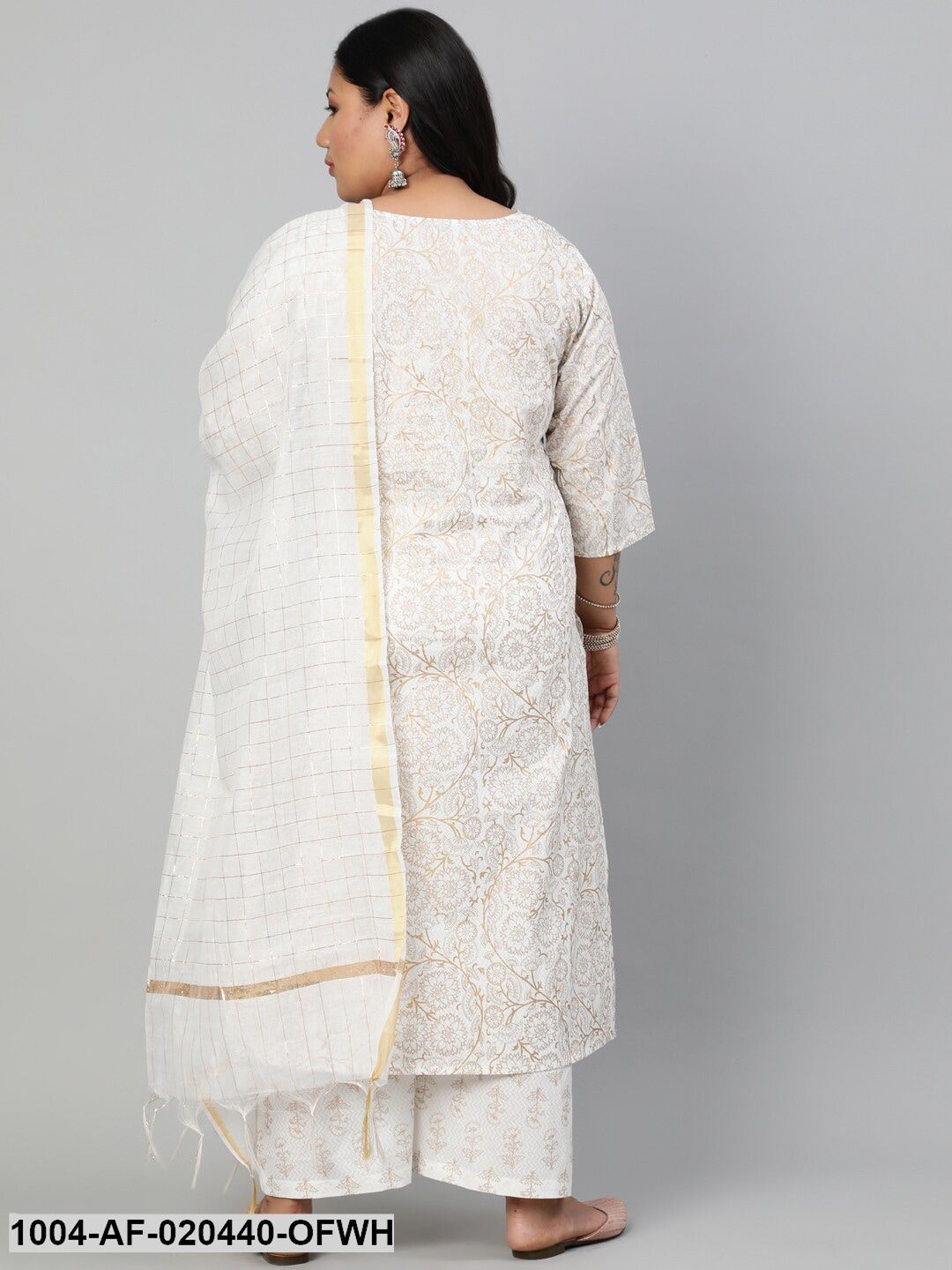 Plus Size Off White Floral Printed Pure Cotton Kurta with Palazzos & Dupatta