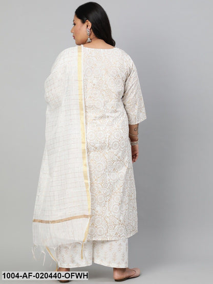 Plus Size Off White Floral Printed Pure Cotton Kurta with Palazzos & Dupatta