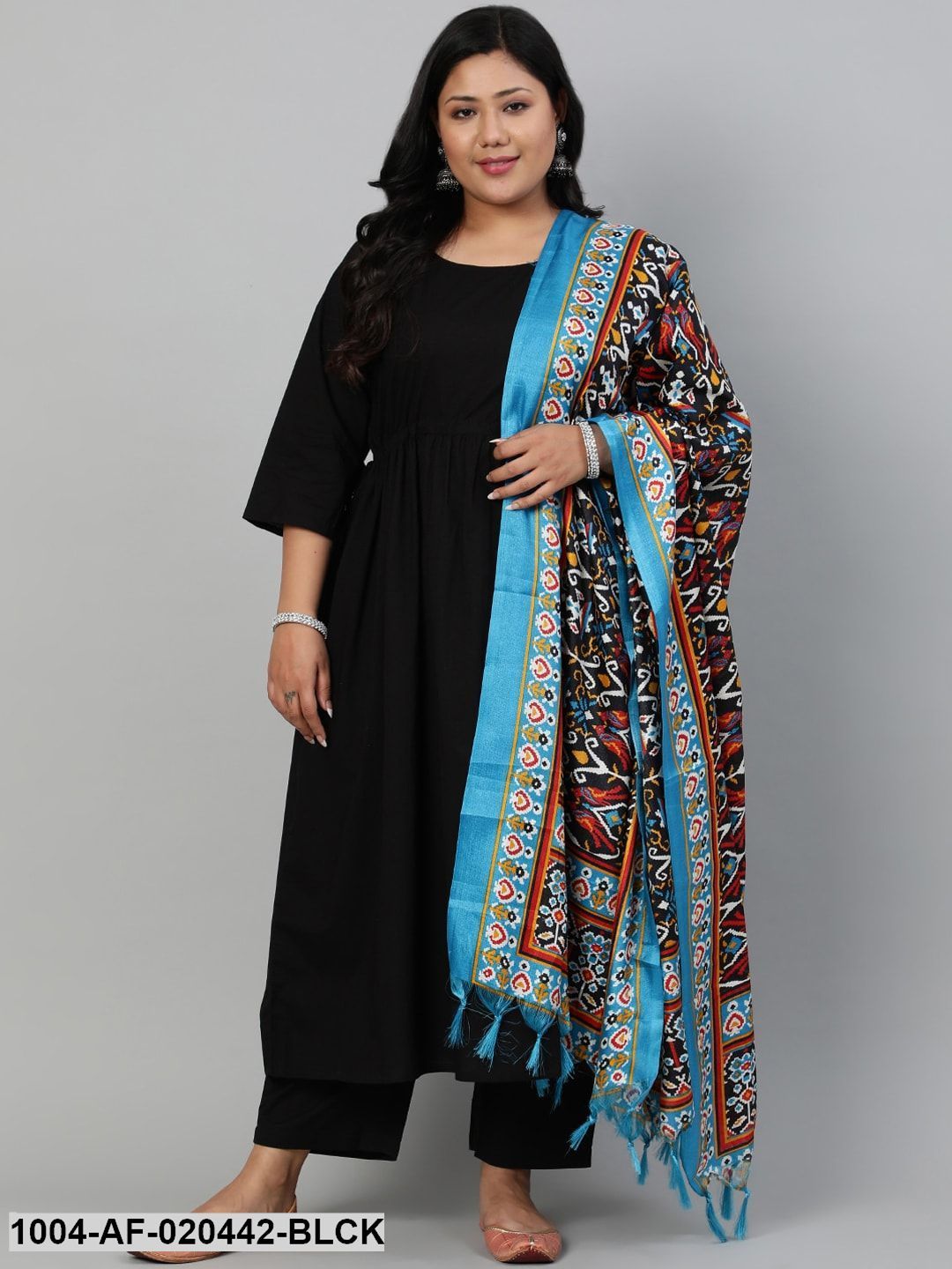 Plus Size Black Empire Pure Cotton Kurta with Trousers & With Dupatta