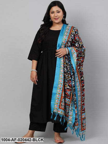 Plus Size Black Empire Pure Cotton Kurta with Trousers & With Dupatta