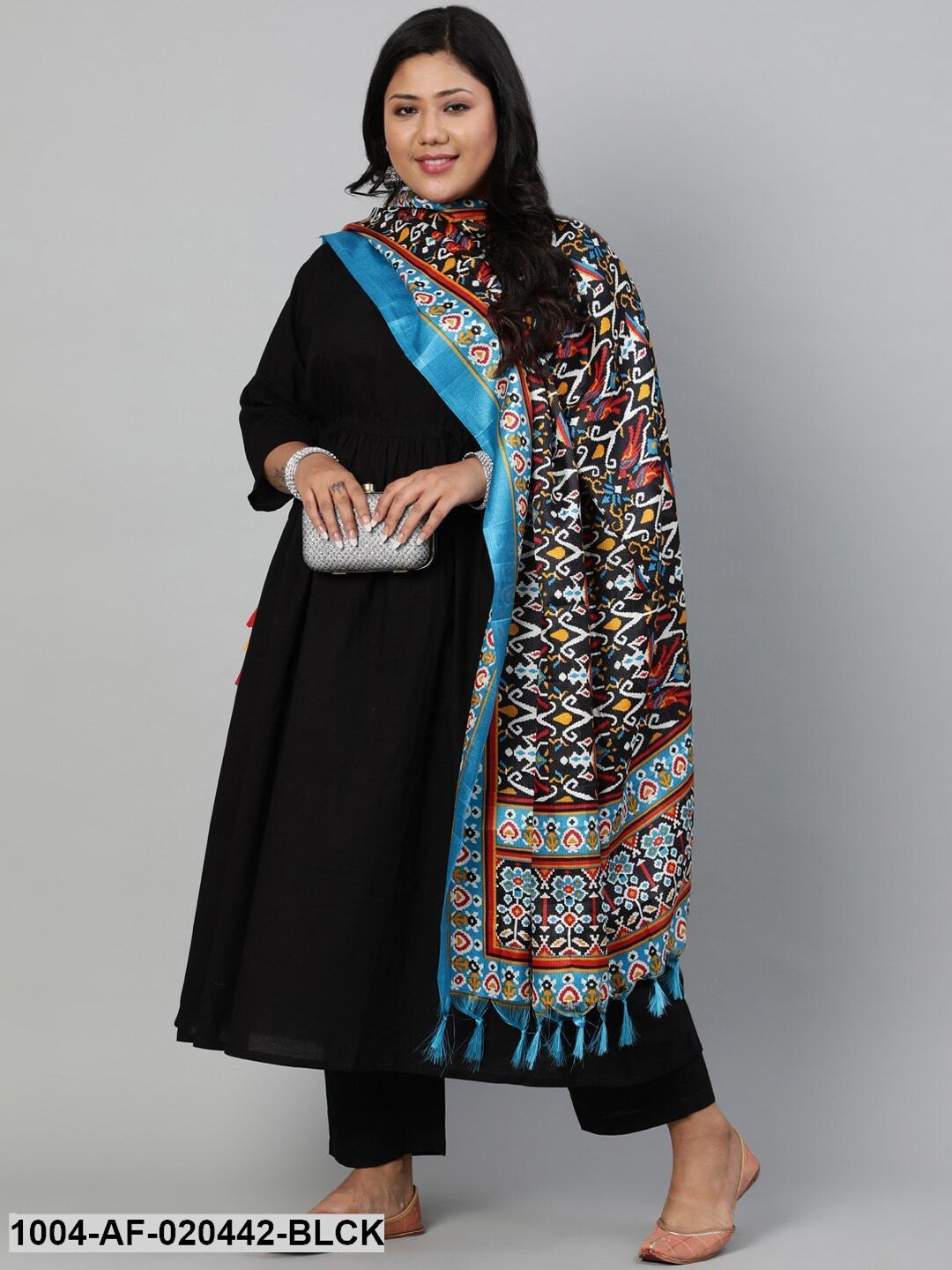 Plus Size Black Empire Pure Cotton Kurta with Trousers & With Dupatta