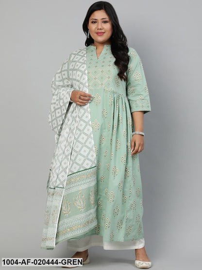 Plus Size Green Ethnic Motifs Pure Cotton Kurta with Palazzos & Dupatta