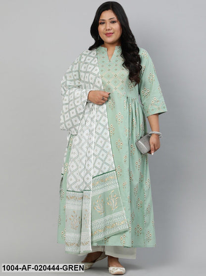 Plus Size Green Ethnic Motifs Pure Cotton Kurta with Palazzos & Dupatta
