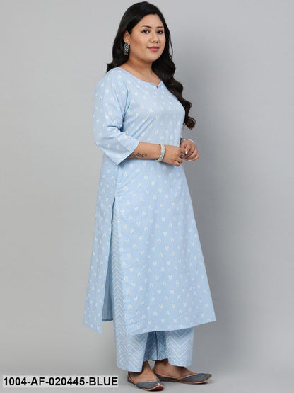 Blue & White Ethnic Motifs Printed Regular Straight Pure Cotton Kurta &