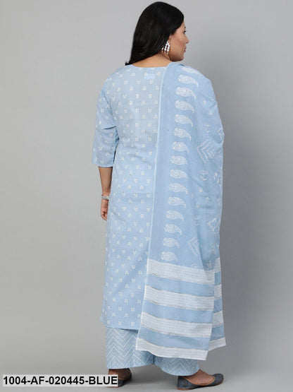 Blue & White Ethnic Motifs Printed Regular Straight Pure Cotton Kurta &
