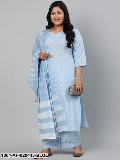 Blue & White Ethnic Motifs Printed Regular Straight Pure Cotton Kurta &