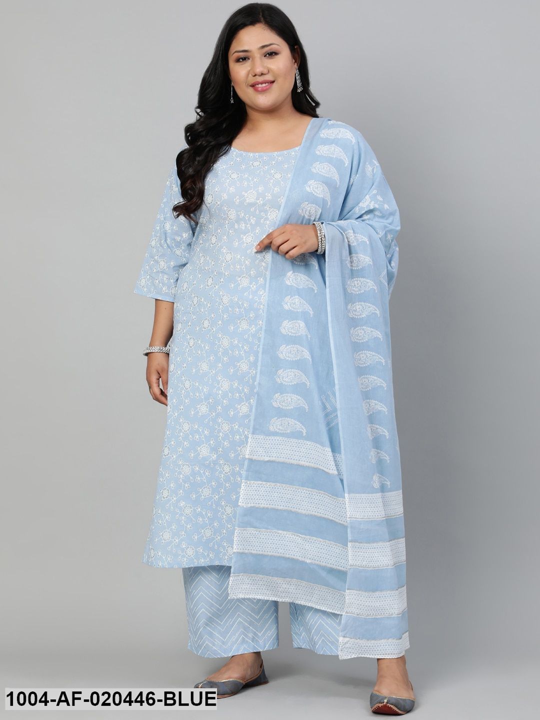 Plus Size Blue Ethnic Motifs Printed Pure Cotton Kurta with Palazzos & Dupatta