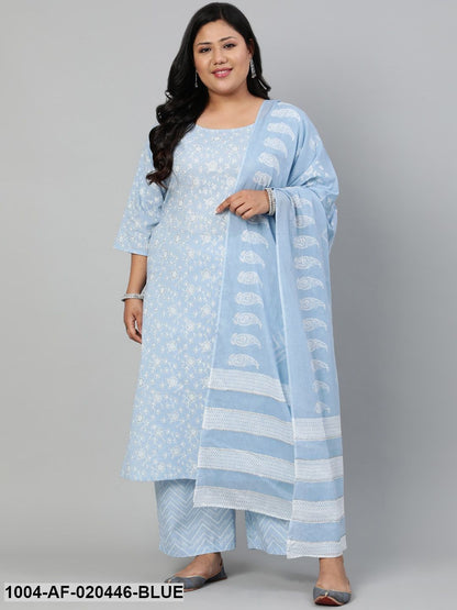 Plus Size Blue Ethnic Motifs Printed Pure Cotton Kurta with Palazzos & Dupatta