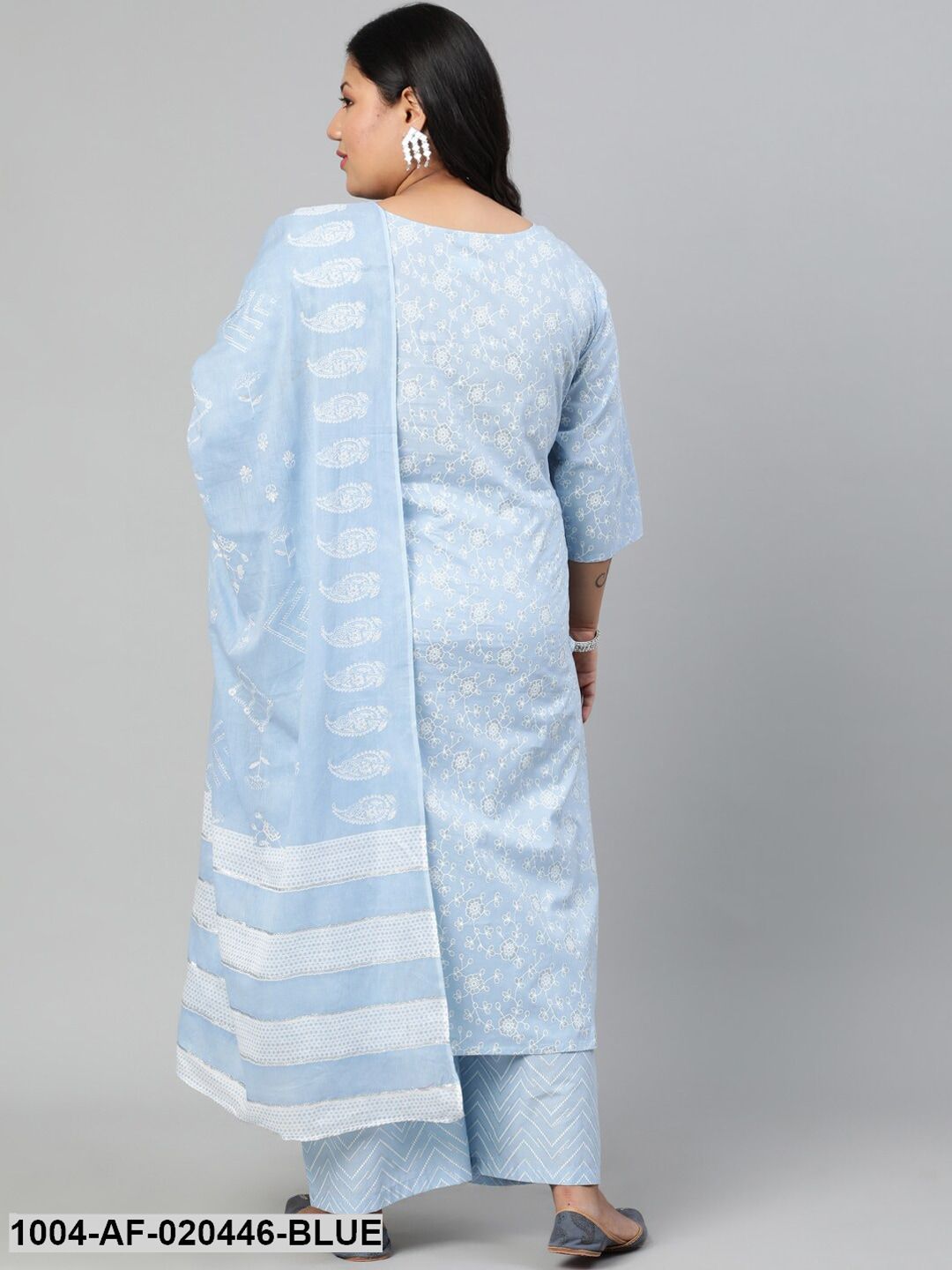 Plus Size Blue Ethnic Motifs Printed Pure Cotton Kurta with Palazzos & Dupatta