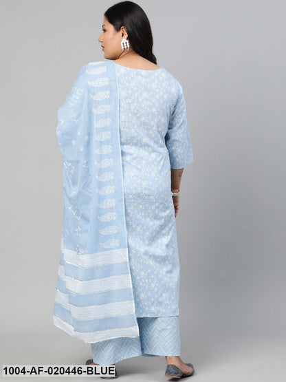 Plus Size Blue Ethnic Motifs Printed Pure Cotton Kurta with Palazzos & Dupatta