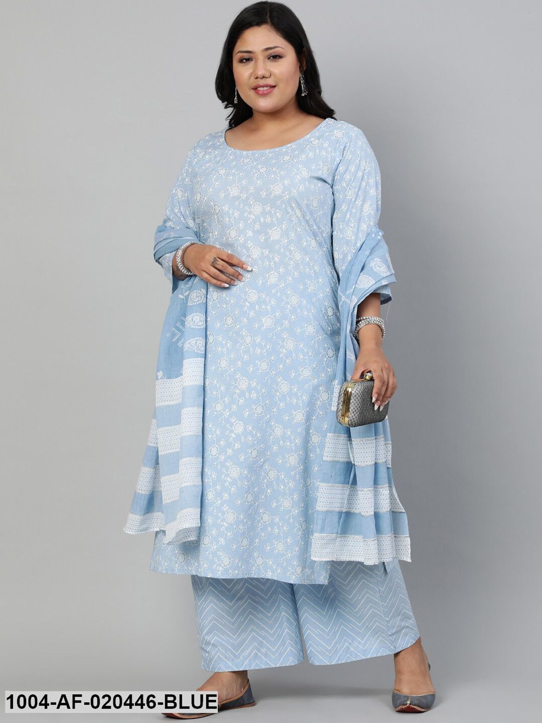 Plus Size Blue Ethnic Motifs Printed Pure Cotton Kurta with Palazzos & Dupatta