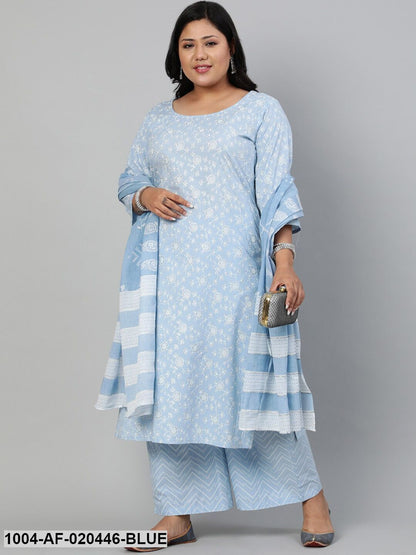Plus Size Blue Ethnic Motifs Printed Pure Cotton Kurta with Palazzos & Dupatta