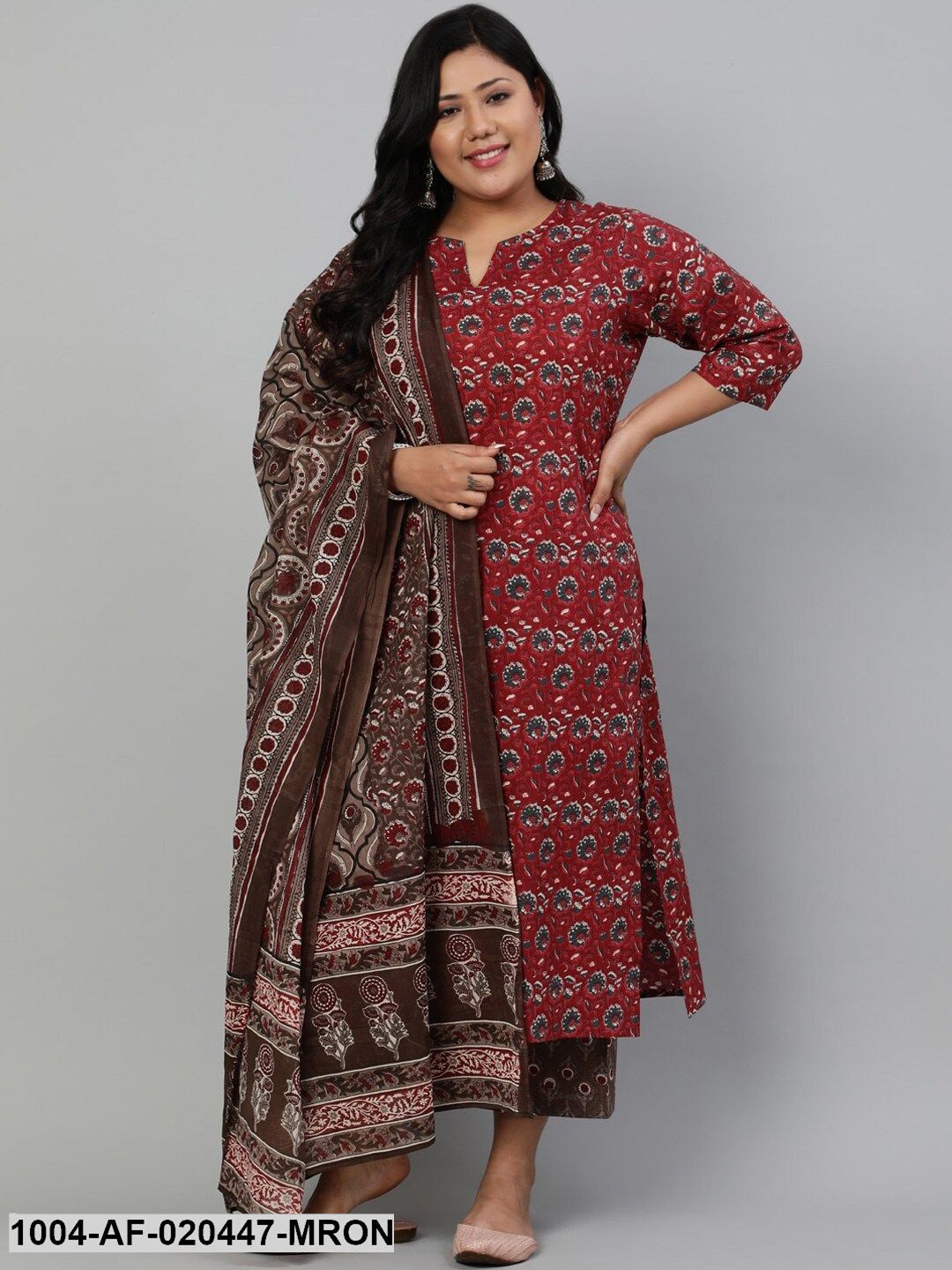 Plus Size Maroon Ethnic Motifs Pure Cotton Kurta with Palazzos & Dupatta