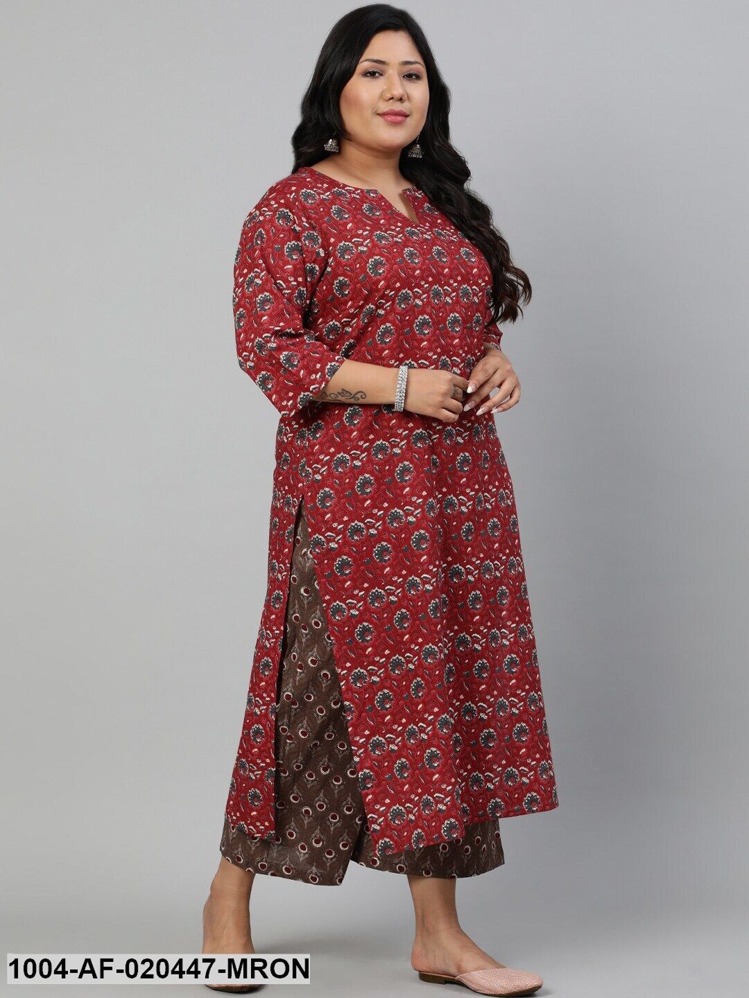 Plus Size Maroon Ethnic Motifs Pure Cotton Kurta with Palazzos & Dupatta