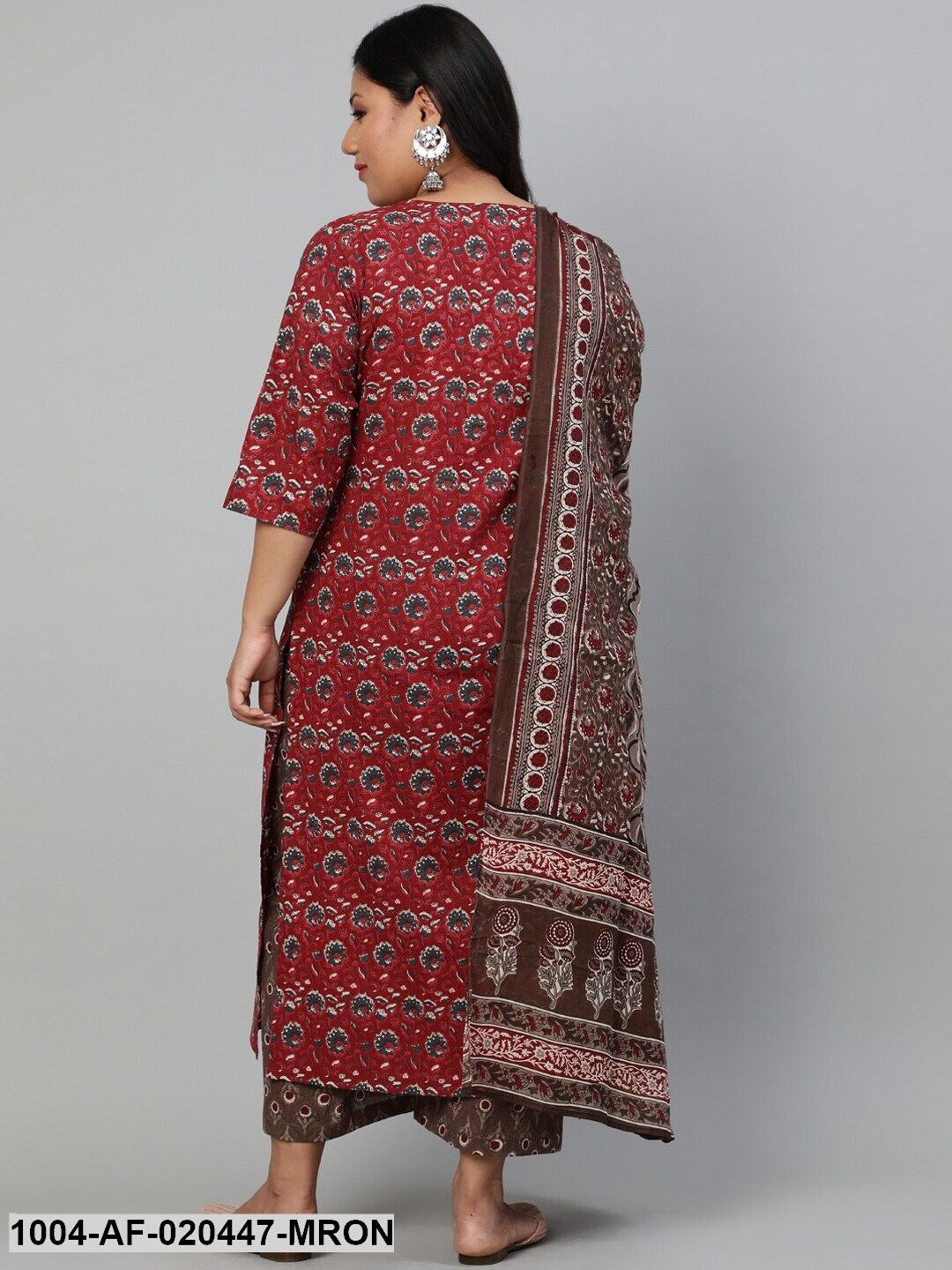 Plus Size Maroon Ethnic Motifs Pure Cotton Kurta with Palazzos & Dupatta