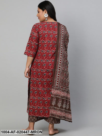 Plus Size Maroon Ethnic Motifs Pure Cotton Kurta with Palazzos & Dupatta