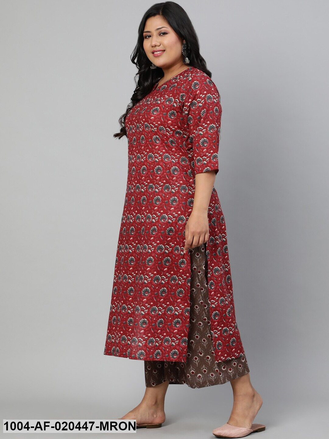 Plus Size Maroon Ethnic Motifs Pure Cotton Kurta with Palazzos & Dupatta