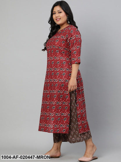 Plus Size Maroon Ethnic Motifs Pure Cotton Kurta with Palazzos & Dupatta