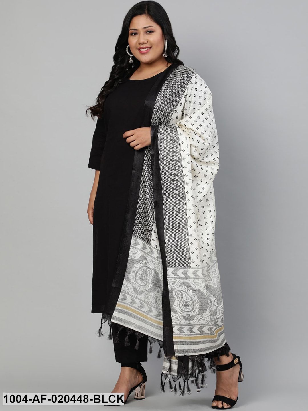 Plus Size Black Kurta with Trousers & Dupatta