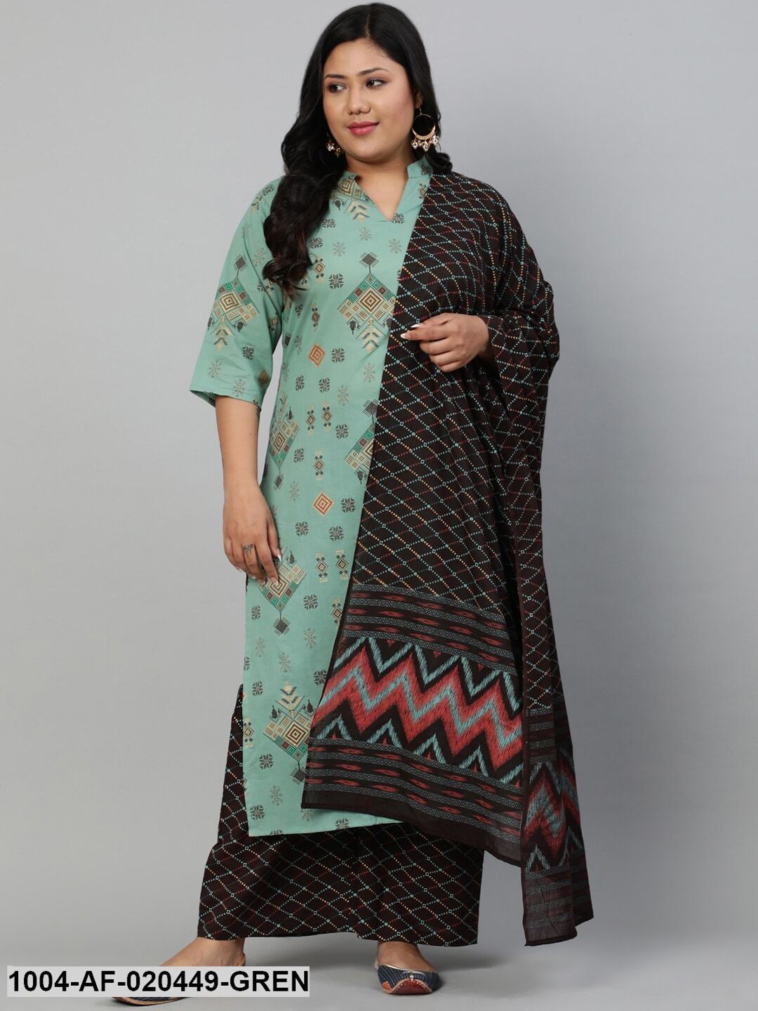 Plus Size Green Printed Empire Kurta with Palazzos & Dupatta