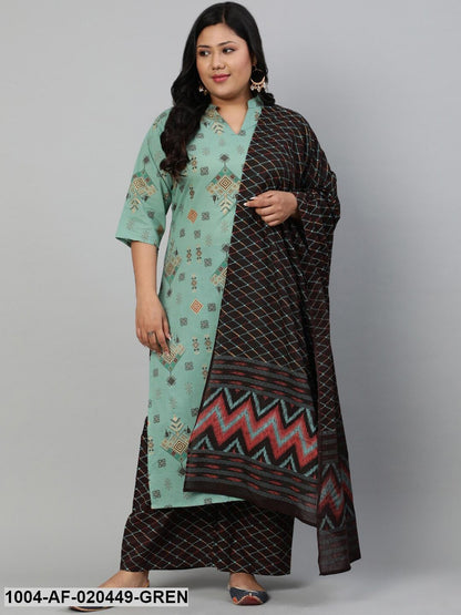 Plus Size Green Printed Empire Kurta with Palazzos & Dupatta