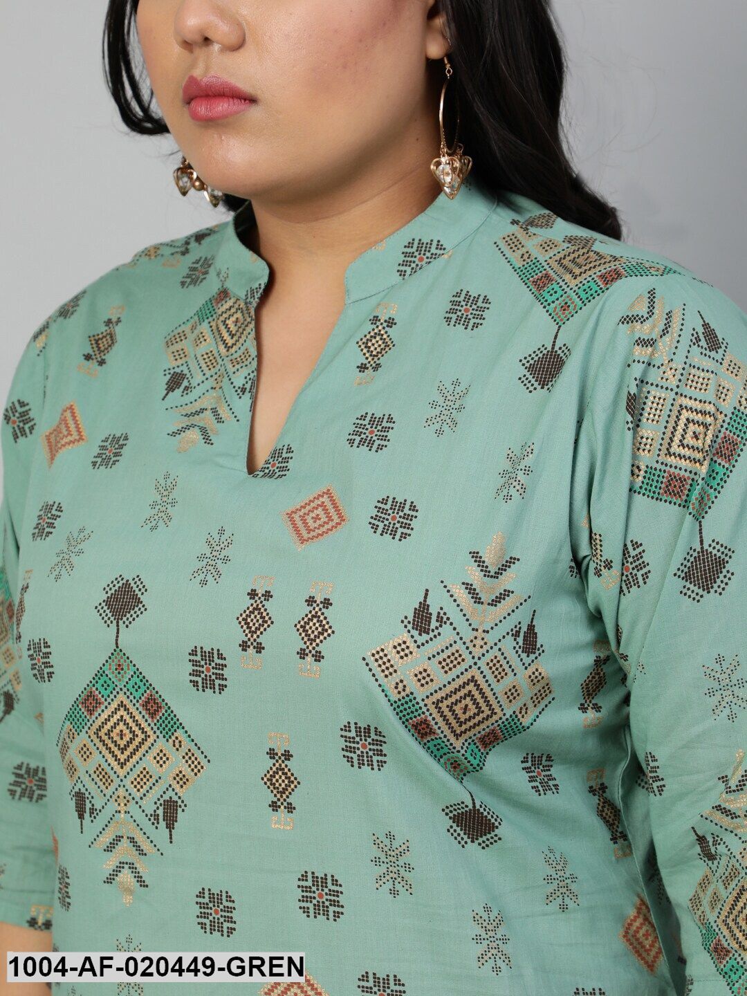 Plus Size Green Printed Empire Kurta with Palazzos & Dupatta