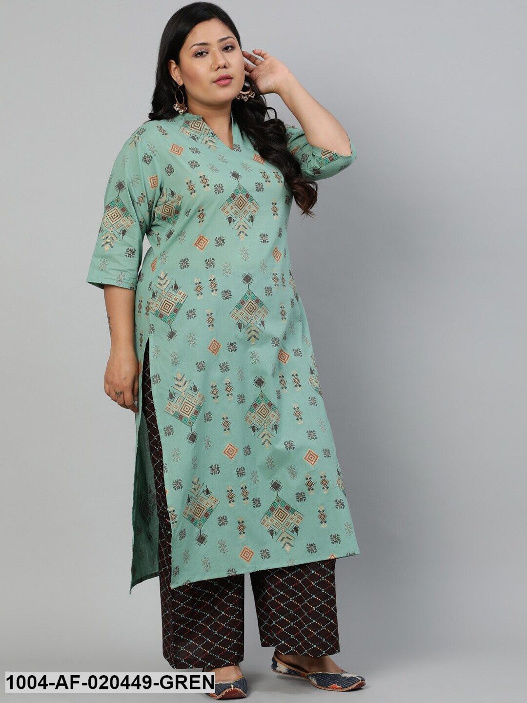 Plus Size Green Printed Empire Kurta with Palazzos & Dupatta