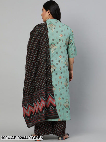 Plus Size Green Printed Empire Kurta with Palazzos & Dupatta