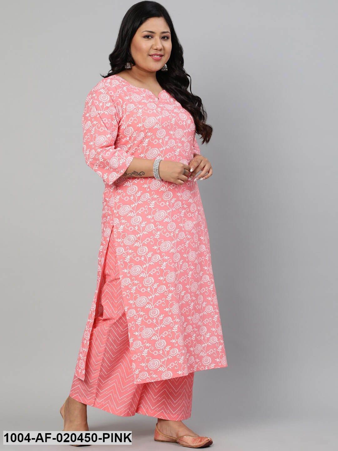 Plus Size Pink Floral Printed Kurta with Palazzos & Dupatta